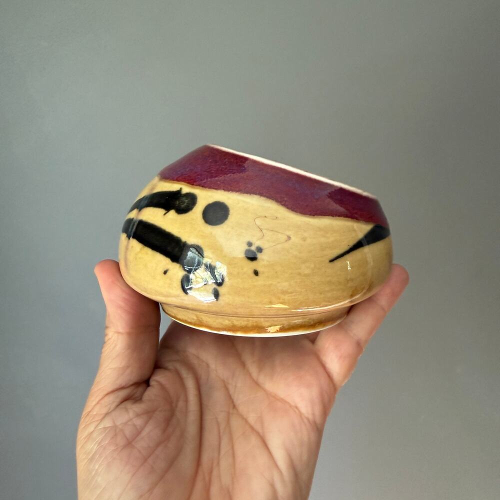 Modern Studio Art Pottery Ikebana Vase Abstract Multicolor Glazed Tan Red Black